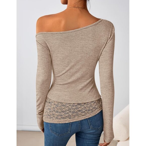 Women's Khaki Long Sleeve Off Shoulder Tops Casual Boat Neck Lace Shirts Blouses - Picture 2 of 5